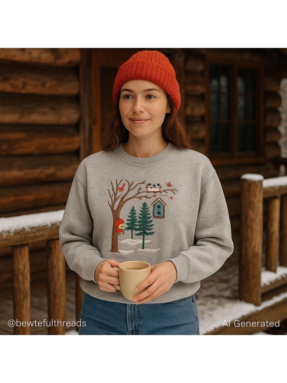 🪶 Vintage BASIC EDITIONS Winter Birds Embroidered Sweatshirt Gray Fleece